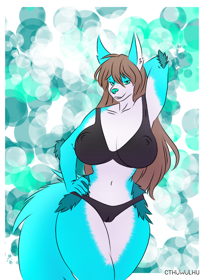 anthro big_(disambiguation) bra breasts bright bubble canid canine canis clothing cthuwulhu domestic_dog ears female fluffy genitals hair invalid_tag lingerie long mammal nipples pose pussy solo sylvia_(cthuwulhu) tail underwear wolf