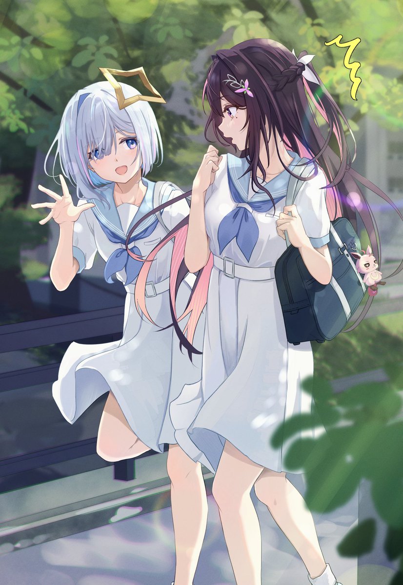 2girls :d amane_kanata azki_(hololive) bag bag_charm belt black_hair blue_eyes blue_hair blue_neckerchief blue_sailor_collar bob_cut braid casyu_nut character_doll charm_(object) colored_inner_hair dappled_sunlight eye_contact feet_out_of_frame french_braid grey_hair hair_ornament hair_over_one_eye hairclip half_updo halo highres holohoneygaoka_high_school_uniform hololive looking_at_another medium_skirt mole mole_under_eye multicolored_hair multiple_girls neckerchief official_alternate_costume official_alternate_hair_length official_alternate_hairstyle open_mouth outdoors pink_hair pioneer_(azki) purple_eyes sailor_collar school_bag school_uniform serafuku shirt short_hair short_ponytail short_sleeves shoulder_bag single_hair_intake skirt smile socks star_halo streaked_hair sunlight virtual_youtuber waving white_belt white_serafuku white_shirt white_skirt white_socks