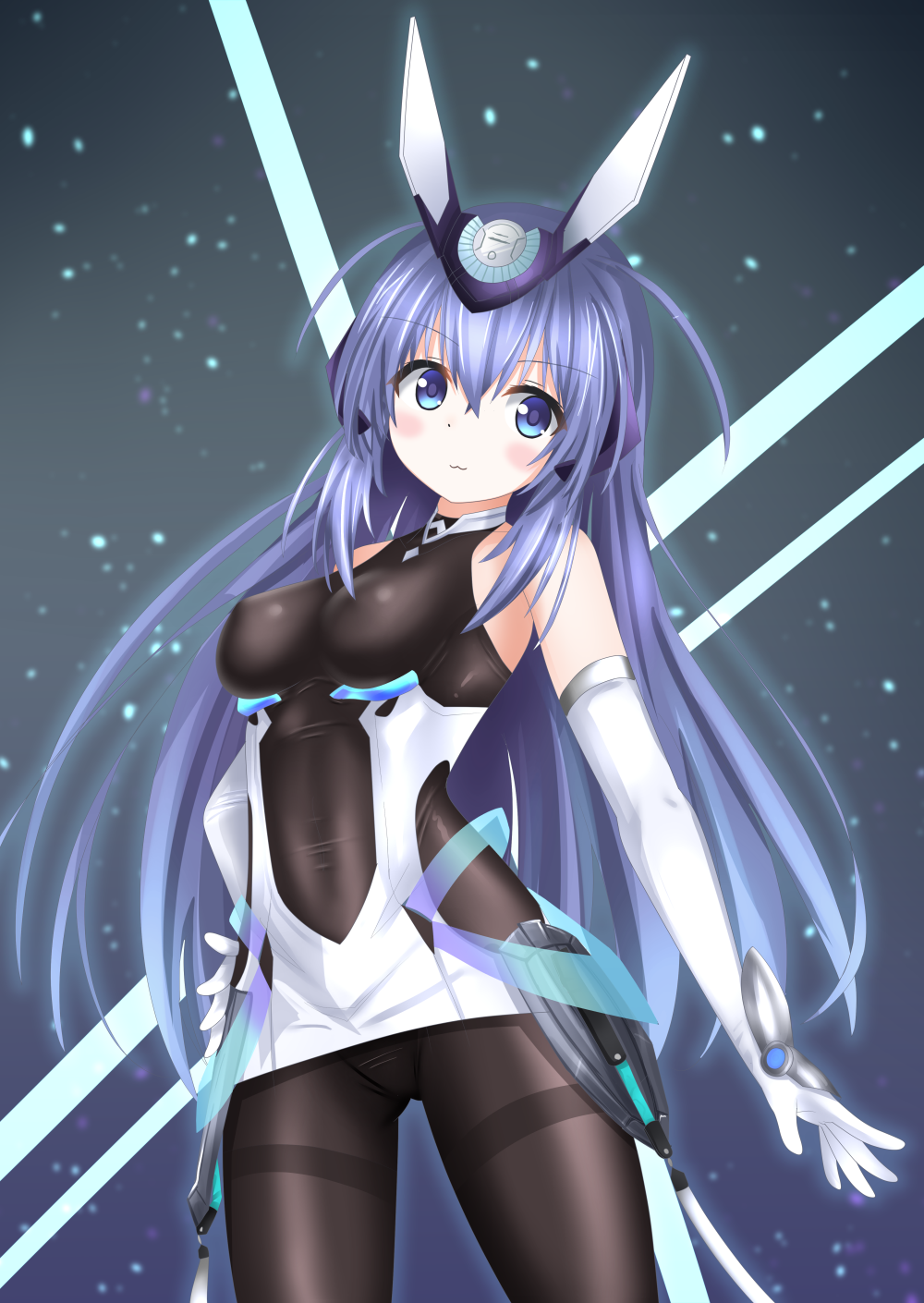 1girl :3 azur_lane bare_shoulders bodystocking breasts covered_nipples dress elbow_gloves gloves headgear highres langley1000 long_hair looking_at_viewer medium_breasts microdress new_jersey_(azur_lane) pantyhose purple_eyes purple_hair simple_background solo thighband_pantyhose white_dress white_gloves younger