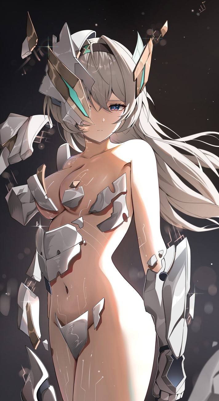 1girl black_background breaking breasts commentary_request cowboy_shot firefly_(honkai:_star_rail) groin highres honkai:_star_rail honkai_(series) large_breasts navel nude solo standing stomach thighs vambraces yeni1871