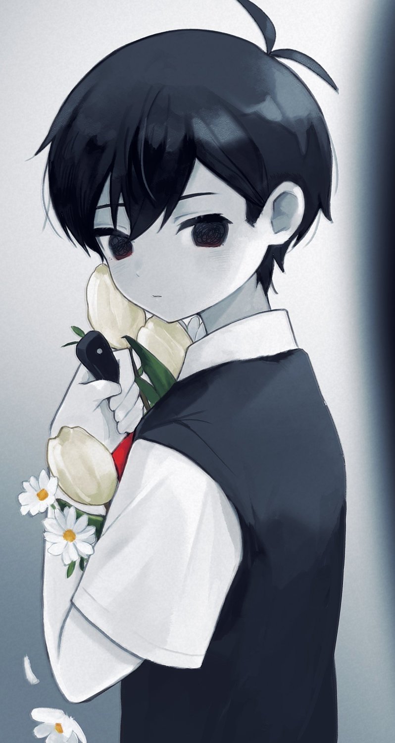 1boy black_eyes black_hair black_sweater_vest cb_ge000 closed_mouth collared_shirt colored_skin expressionless highres holding holding_knife knife looking_at_viewer omori omori_(omori) shirt short_hair short_sleeves solo sweater_vest white_shirt white_skin