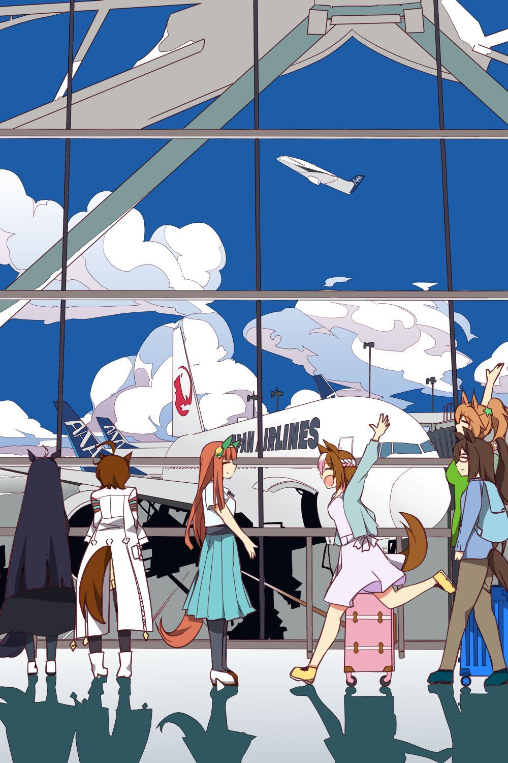 6+girls agnes_tachyon_(umamusume) ahoge aircraft airplane airport animal_ears arms_up backpack bag black_coat blue_skirt blue_sky braid breasts brown_hair brown_pants closed_eyes cloud cloudy_sky coat commentary_request ear_covers ear_ornament earrings el_condor_pasa_(umamusume) french_braid full_body hair_between_eyes highres horse_ears horse_girl horse_tail indoors jewelry lab_coat long_hair manhattan_cafe_(umamusume) medium_breasts multicolored_hair multiple_girls open_mouth pants ponytail rolling_suitcase silence_suzuka_(umamusume) single_earring skirt sky smile special_week_(umamusume) standing streaked_hair suitcase taiki_shuttle_(umamusume) tail tail_through_clothes umamusume wahiko_(black_bastard) white_footwear white_hair yellow_footwear