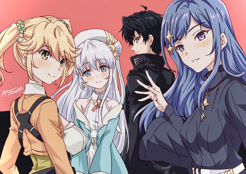 1boy 3girls ahoge black_hair black_jacket blonde_hair blue_eyes blue_hair blue_jacket blue_sweater blush breasts closed_mouth dia_(ansatsu_kizoku) dress eyebrows_hidden_by_hair green_eyes grey_eyes hair_between_eyes jacket jewelry large_breasts long_hair looking_at_viewer lugh_tuatha_de maha_(ansatsu_kizoku) medium_breasts multiple_girls necklace official_alternate_hair_color open_mouth orange_jacket purple_eyes sekai_saikou_no_ansatsusha_isekai_kizoku_ni_tensei_suru short_twintails sideboob signature simple_background sleeveless sleeveless_dress small_breasts smile sweater tamura_masafumi tarte_(ansatsu_kizoku) twintails upper_body waving white_dress white_hair white_hat