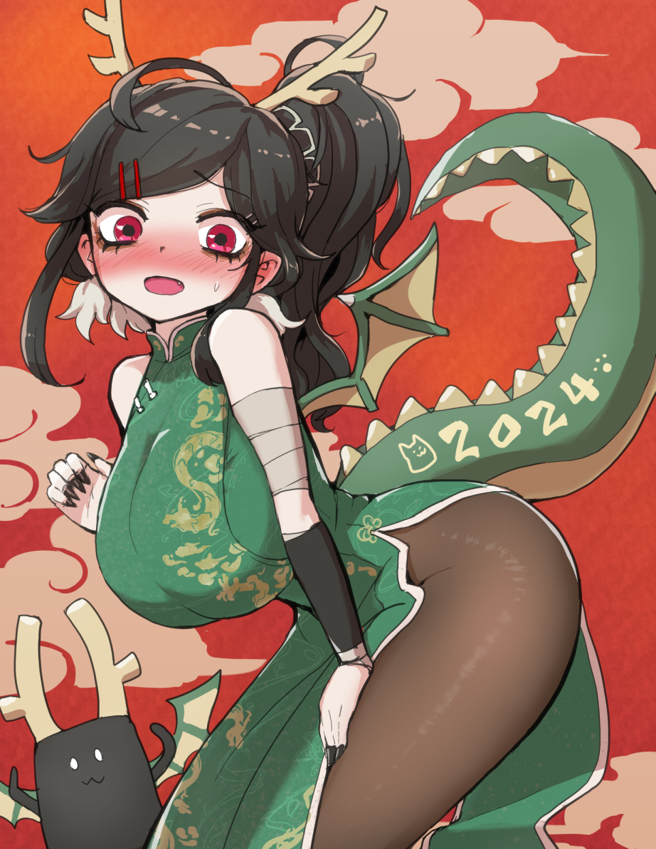 1girl 2024 arm_wrap bare_shoulders black_pantyhose blush bottle_neko breasts china_dress chinese_clothes chinese_zodiac dragon_horns dragon_print dragon_tail dragon_wings dress embarrassed fang green_dress hair_ornament hairclip horns large_breasts leaning_forward open_mouth original pantyhose ponytail print_dress red_background red_eyes sleeveless solo sweatdrop swept_bangs tail wings year_of_the_dragon