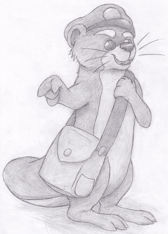 clothing feral fur gesture graphite_(artwork) hand_gesture hat headgear headwear male mammal maverick_clamshucker messenger_bag monochrome mustelid otter pointing smile solo the_forest_of_love traditional_media_(artwork) vulnec