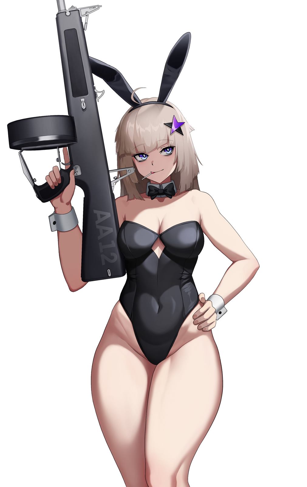 1girl aa-12 aa-12_(girls'_frontline) ahoge animal_ears black_leotard blonde_hair blue_eyes breasts candy cero_(last2stage) cleavage commission covered_navel detached_collar fake_animal_ears food food_in_mouth girls'_frontline gun hair_ornament hand_on_own_hip hand_up highres holding holding_weapon leotard lollipop long_hair medium_breasts playboy_bunny rabbit_ears revision shotgun smile solo star_(symbol) star_hair_ornament thick_thighs thighs trigger_discipline weapon