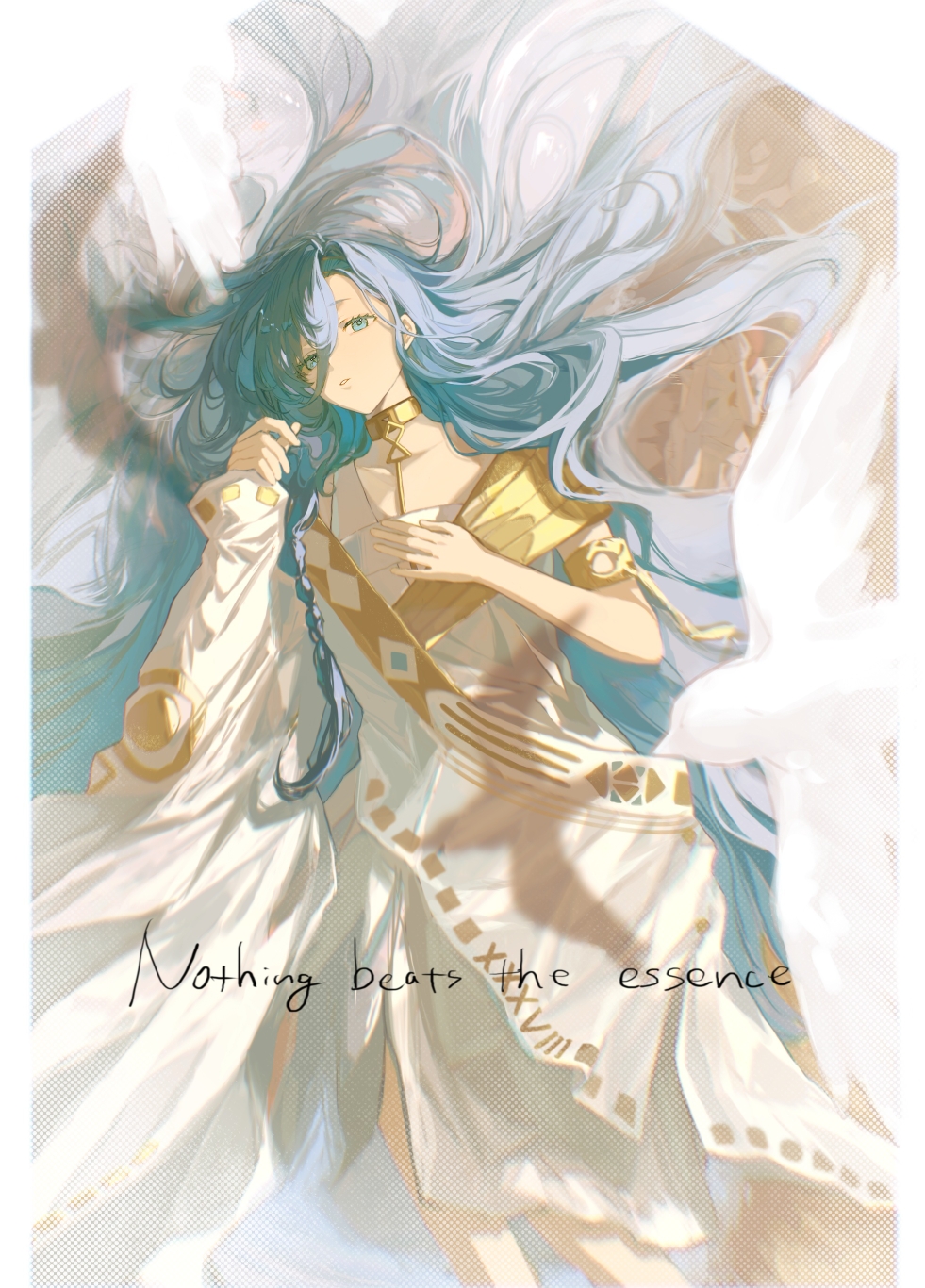 1girl 37_(reverse:1999) ancient_greek_clothes armlet bird blue_eyes blue_hair english_text feet_out_of_frame from_above gold_choker greco-roman_clothes hair_between_eyes hair_spread_out hands_up highres long_hair looking_at_viewer lying no_aid on_back parted_lips reverse:1999 shadow single_sleeve solo toga very_long_hair white_bird wide_sleeves