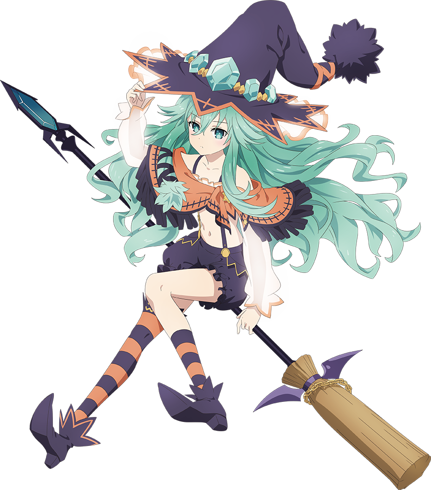 1girl broom broom_riding date_a_live full_body gem green_eyes green_gemstone green_hair hair_between_eyes hat long_hair long_sleeves looking_at_viewer natsumi_(date_a_live) navel official_art purple_footwear simple_background solo tachi-e transparent_background witch_hat