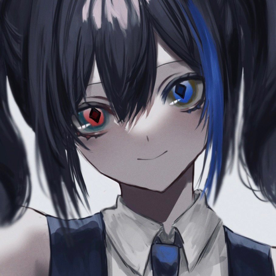 1girl black_hair blue_eyes blue_hair blue_jacket blue_necktie close-up collared_shirt hair_between_eyes heterochromia jacket long_hair looking_at_viewer multicolored_hair necktie red_eyes shi_ge_xu shirt sidelocks simple_background smile solo streaked_hair twintails utau white_background white_shirt yokune_ruko