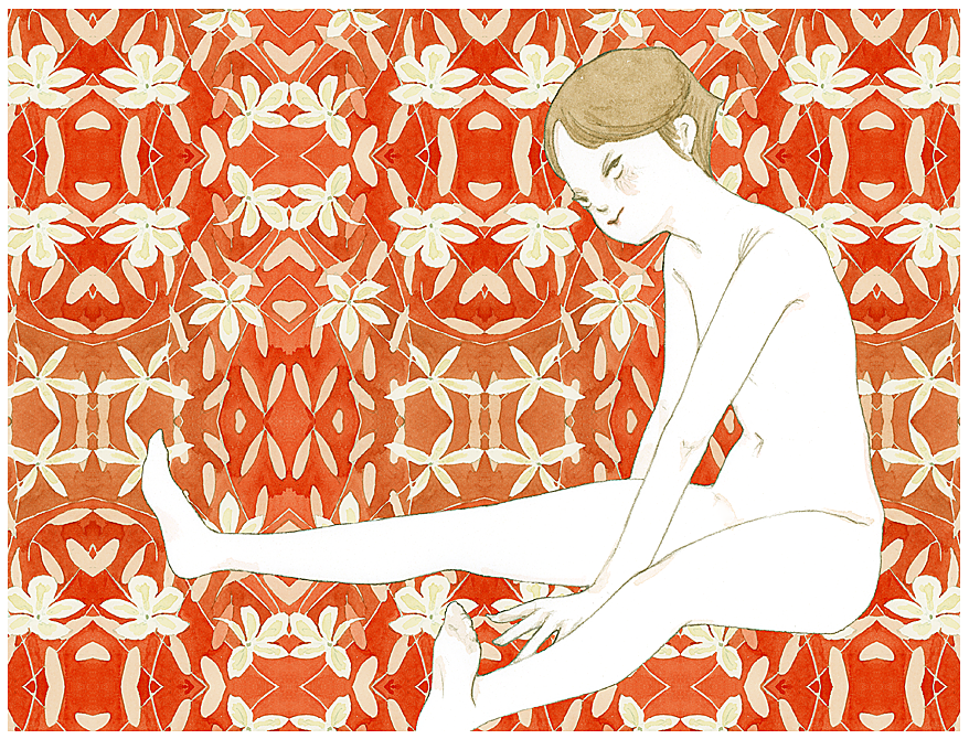 1girl androgynous border brown_eyes brown_hair colored_skin completely_nude feet floral_background kst1911 midair navel nude original painting_(medium) petite red_background short_hair sitting skinny solo traditional_media upturned_eyes watercolor_(medium) white_skin