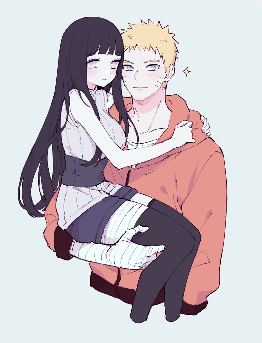 1boy 1girl arms_around_neck bandaged_arm bandages black_hair black_shorts black_thighhighs blonde_hair blue_eyes blush carrying carrying_person couple facial_mark hetero hood hooded_jacket hyuuga_hinata jacket long_hair naruto:_the_last naruto_(series) orange_jacket purple_shirt shirt short_hair shorts simple_background sleeveless sleeveless_shirt sparkle spiked_hair thighhighs ting upper_body uzumaki_naruto whisker_markings white_eyes