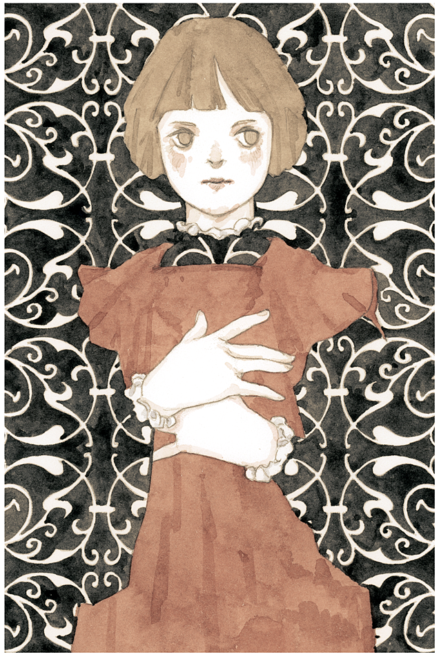 1girl blending blush border brown_dress brown_eyes brown_hair child colored_skin dress kst1911 looking_to_the_side original painting_(medium) pale_skin patterned_background patterned_clothing self_hug solo tagme traditional_media upper_body watercolor_(medium) white_skin