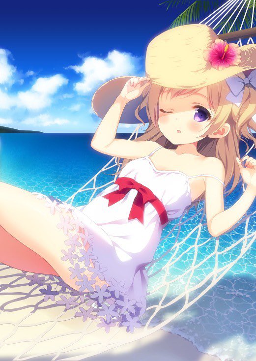 1girl arm_up bare_arms bare_shoulders beach blonde_hair blue_sky blush breasts brown_hat chitosezaka_suzu cloud cloudy_sky commentary_request day dress flower hammock hand_on_headwear hat hat_flower horizon long_hair looking_at_viewer ocean one_eye_closed one_side_up original outdoors palm_tree parted_lips purple_eyes purple_flower sand sky sleeveless sleeveless_dress small_breasts solo strap_slip tree water white_dress