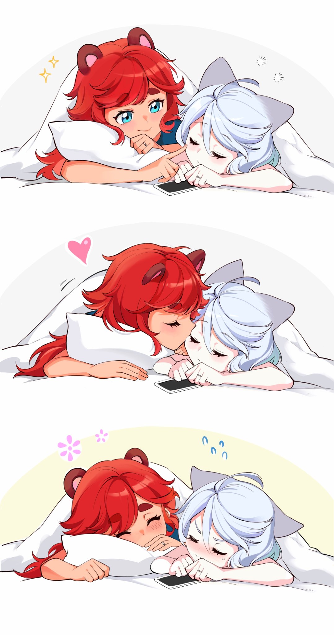 2girls animal_ears bai_xin blue_eyes blush cat_ears cellphone closed_eyes closed_mouth commentary flying_sweatdrops gundam gundam_suisei_no_majo heart highres kemonomimi_mode kiss kissing_cheek long_hair looking_at_another lying miorine_rembran multiple_girls on_stomach phone pillow raccoon_ears red_hair smartphone smile suletta_mercury sweatdrop thick_eyebrows under_covers v-shaped_eyebrows white_hair yuri