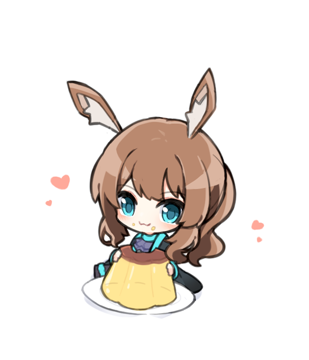 1girl :3 amiya_(arknights) animal_ears arknights ascot black_jacket blue_eyes blue_neckwear brown_hair chibi commentary danble eating food happy heart jacket long_hair oversized_food plate pudding rabbit_ears simple_background sitting solo symbol-only_commentary white_background