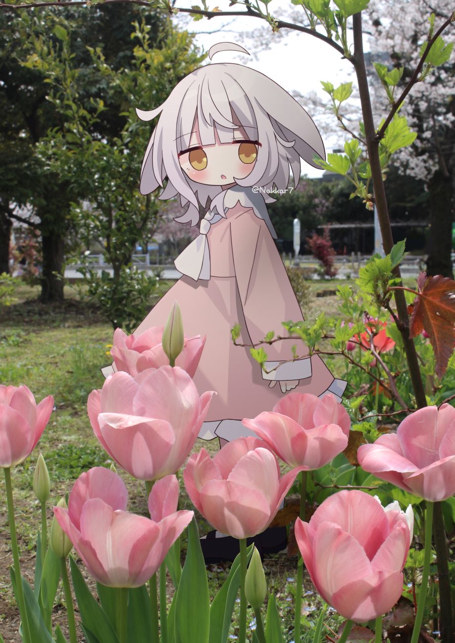 1girl :o ahoge animal_ears black_footwear blush brown_eyes commentary day dress flower frilled_dress frills from_side grey_hair highres long_sleeves looking_at_viewer looking_to_the_side nakkar neckerchief original outdoors parted_lips photo_background pink_dress pink_flower puffy_long_sleeves puffy_sleeves shoes sleeves_past_wrists socks solo symbol-only_commentary tree twitter_username white_neckerchief white_socks