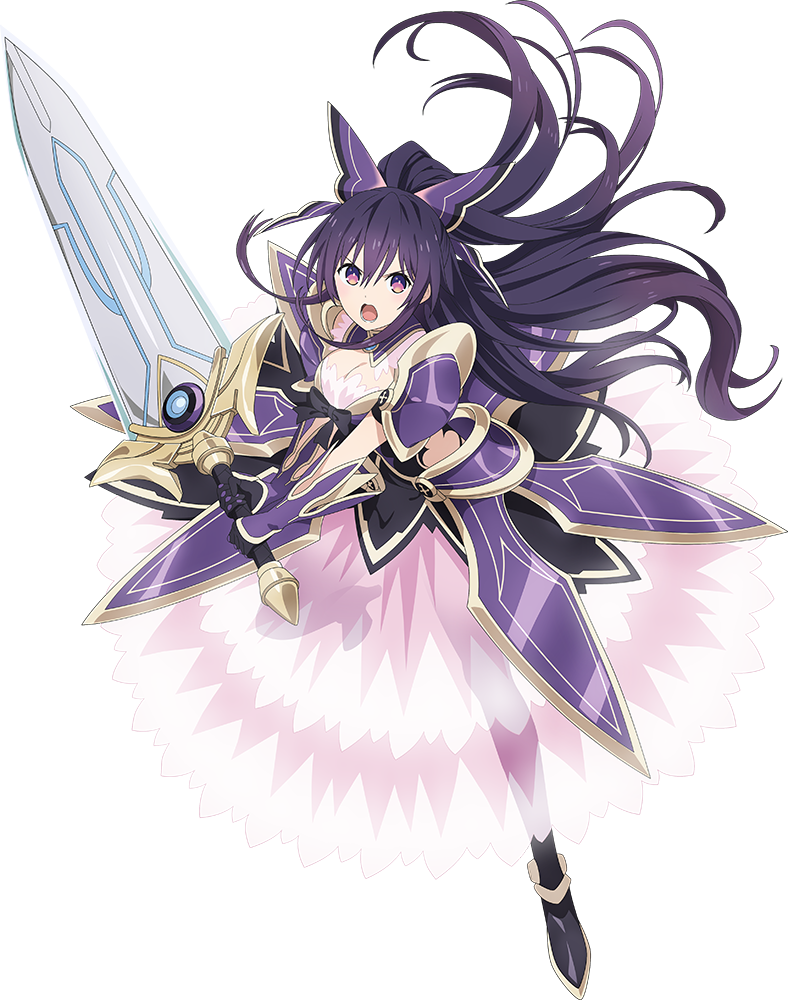 1girl armor armored_dress breasts date_a_live dress full_body long_hair medium_breasts official_art open_mouth purple_dress purple_eyes purple_hair shoulder_armor solo sword transparent_background weapon yatogami_tooka