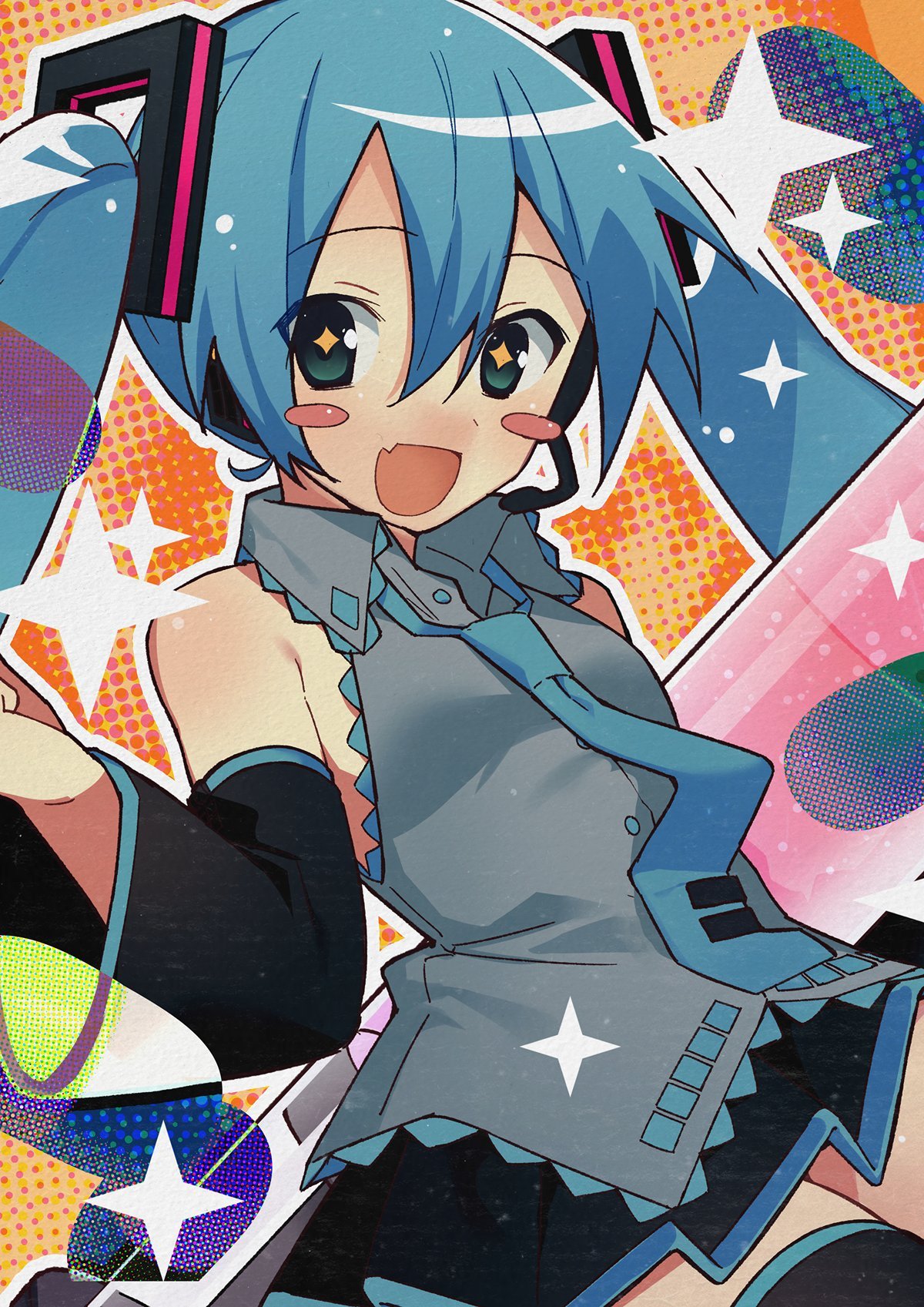 +_+ 1girl aqua_eyes aqua_hair aqua_necktie aqua_trim black_skirt black_sleeves black_thighhighs collared_shirt detached_sleeves fang grey_shirt hatsune_miku headset highres holding holding_syringe large_syringe m@gical_cure!_love_shot!_(vocaloid) miniskirt necktie open_mouth oversized_object pleated_skirt seesaw_yt shirt skin_fang skirt sleeveless sleeveless_shirt smile syringe thighhighs twintails vocaloid