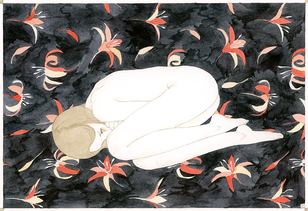 1girl black_background border brown_eyes brown_hair colored_skin feet fetal_position floral_background full_body kst1911 medium_hair original painting_(medium) pale_skin solo traditional_media watercolor_(medium) white_skin