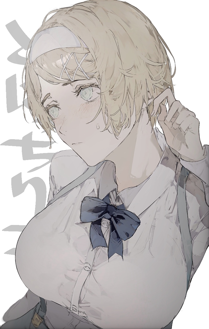 1girl axis_powers_hetalia blonde_hair blue_bow blue_eyes blue_suspenders bow breasts closed_mouth collared_shirt hachiware_(user_wwva4743) hair_ornament hairclip headband highres long_sleeves looking_to_the_side shirt short_hair simple_background solo suspenders sweatdrop ukraine_(hetalia) white_background white_shirt worried
