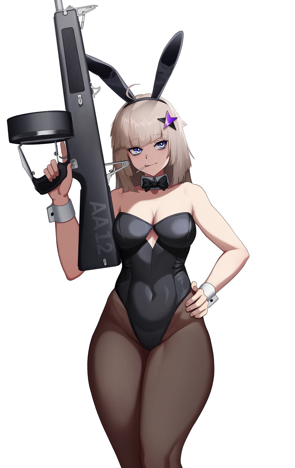 1girl aa-12 aa-12_(girls'_frontline) ahoge animal_ears black_leotard blonde_hair blue_eyes breasts candy cero_(last2stage) cleavage commission covered_navel detached_collar fake_animal_ears food food_in_mouth girls'_frontline gun hair_ornament hand_on_own_hip hand_up highres holding holding_weapon leotard lollipop long_hair medium_breasts pantyhose playboy_bunny rabbit_ears revision shotgun smile solo star_(symbol) star_hair_ornament thick_thighs thighs trigger_discipline weapon