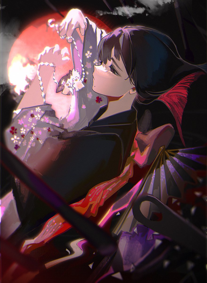 1boy androgynous black_kimono blunt_bangs blunt_ends blunt_tresses bob_cut cloud cloudy_sky colored_inner_hair confetti eyelashes floral_print floral_print_kimono flower furisode furisode_sleeves hand_fan highres holding hunter_x_hunter inverted_bob japanese_clothes kalluto_zoldyck kimono komeokun looking_at_object mole mole_under_mouth moon motion_blur multicolored_clothes multicolored_hair night night_sky paper_chain paper_doll_chain red_moon sky