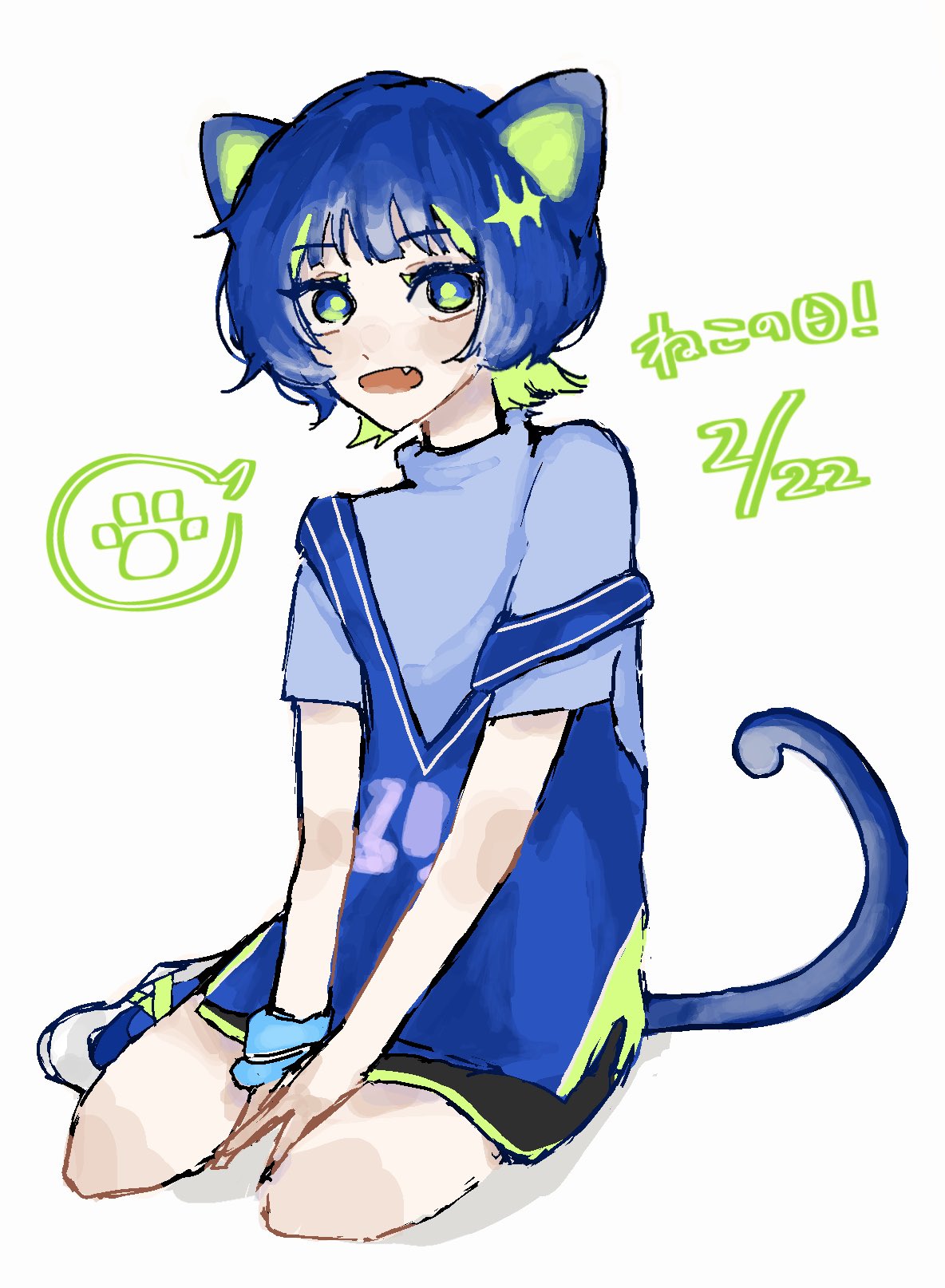 2022 animal_humanoid blue_hair cat_humanoid cat_tail felid felid_humanoid feline feline_humanoid hair hi_res humanoid japanese_text kneeling mammal mammal_humanoid multicolored_hair nira-chan shio_no short_hair solo text two_tone_hair zutomayo