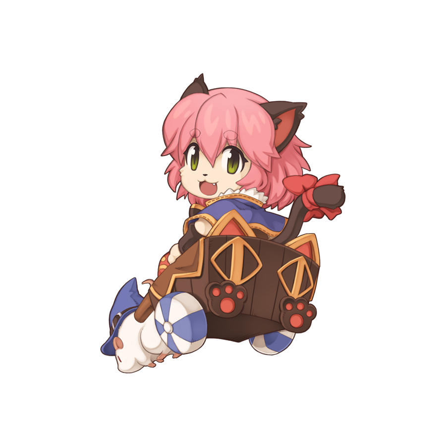 1girl :3 animal_ears blue_capelet blue_hat bow capelet cat_ears cat_girl cat_tail chibi fang from_behind full_body furry furry_female green_eyes hair_between_eyes hat looking_at_viewer looking_back medium_bangs mouse official_art open_mouth paw_print pink_hair pullcart ragnarok_online red_bow riding short_hair simple_background slit_pupils smile solo summoner_(ragnarok_online) tail tail_bow tail_ornament tarou_(ragnarok_online) transparent_background witch_hat yuichirou
