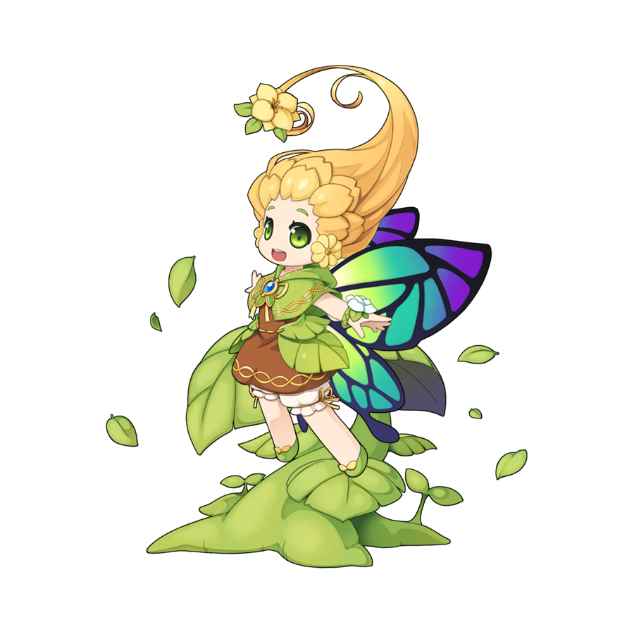 1girl :d blonde_hair bloomers blue_brooch brown_dress butterfly_wings capelet chibi dress floating flower full_body gradient_wings green_capelet green_eyes green_footwear green_wings hair_flower hair_ornament insect_wings leaf long_hair looking_at_viewer multicolored_wings official_art open_mouth purple_wings ragnarok_online shoes simple_background smile solo teeth transparent_background upper_teeth_only white_bloomers wings wooden_fairy yellow_flower yuichirou