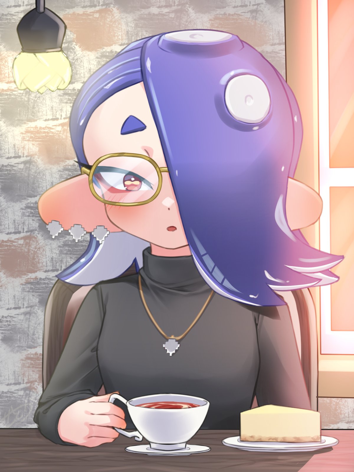 amakusa_setoka blue_hair blush cafe cephalopod_eyes cheesecake coffee ear_blush earrings food highres jewelry necklace octoling one_eye_covered round_eyewear shiver_(splatoon) splatoon_(series) splatoon_3 suction_cups tentacle_hair tooth_earrings turtleneck yellow-framed_eyewear