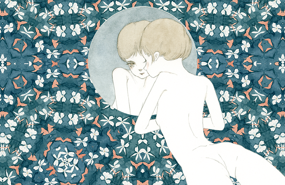 ass back breasts brown_eyes brown_hair colored_skin completely_nude facing_away flat_ass floral_background flower kst1911 lying nude on_stomach original painting_(medium) patterned_background reflection short_hair skinny small_breasts traditional_media very_short_hair watercolor_(medium) white_skin