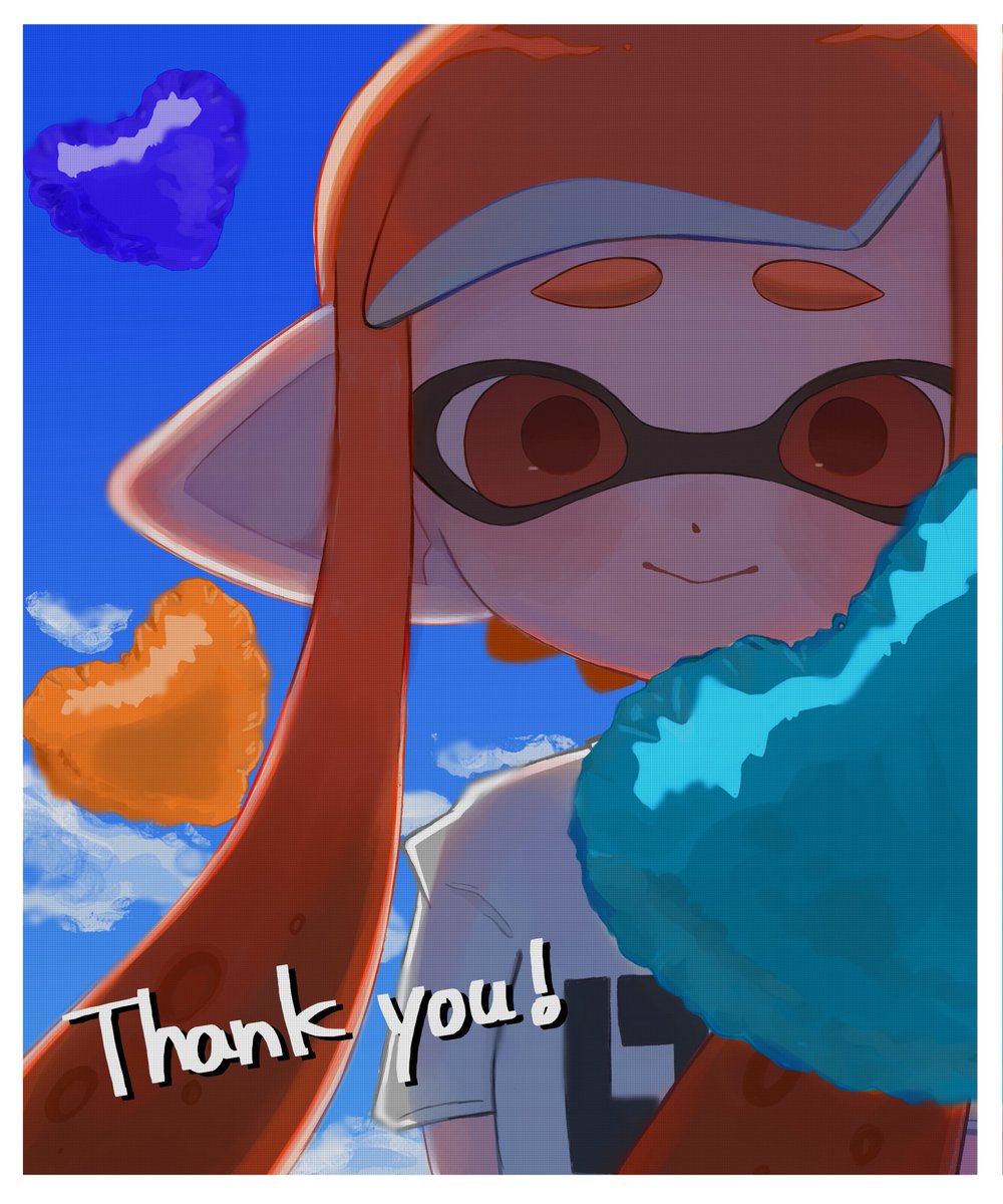 1girl balloon blue_sky border closed_mouth cloud heart_balloon highres inkling inkling_girl inkling_player_character kinakomaru0086 long_hair looking_at_viewer orange_hair pointy_ears red_eyes shirt short_sleeves sky smile solo splatoon_(series) splatoon_1 t-shirt thank_you upper_body white_border white_shirt