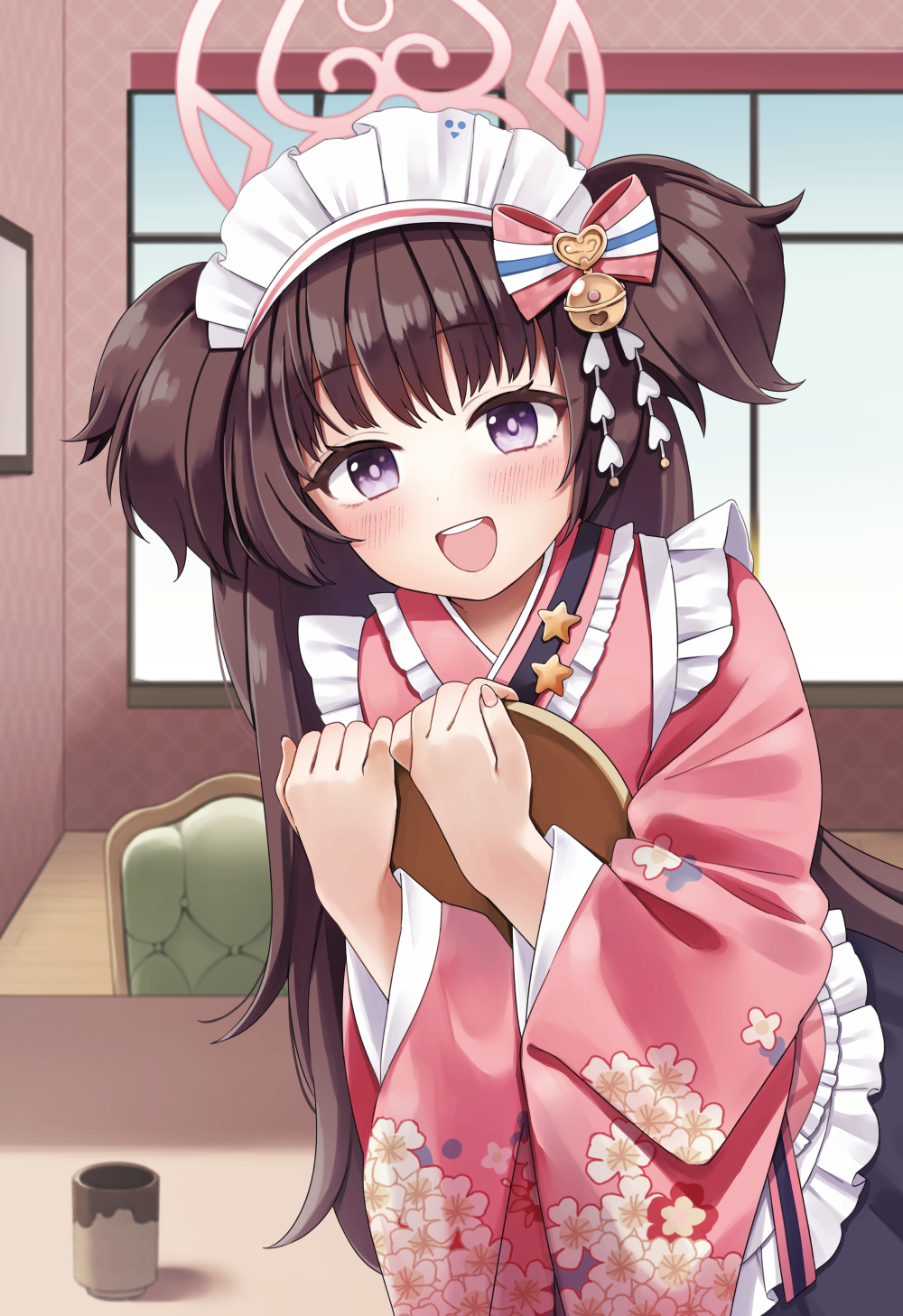 1girl apron blue_archive blush bow brown_hair chair cup floral_print frilled_apron frills halo highres holding holding_tray indoors japanese_clothes kimono long_hair long_sleeves looking_at_viewer maid_headdress open_mouth pink_kimono purple_eyes saburou_03 shizuko_(blue_archive) solo teeth tray two_side_up upper_teeth_only very_long_hair white_apron wide_sleeves window yunomi