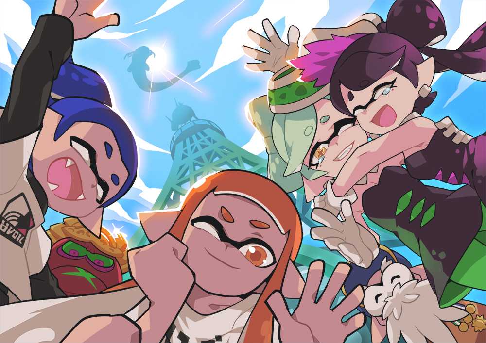 3boys 3girls :d ^_^ arm_up armor bare_shoulders beard black_dress black_hair black_jumpsuit blue_hair blue_hat blue_sky blunt_bangs bow-shaped_hair callie_(splatoon) cap'n_cuttlefish clenched_hand closed_eyes closed_mouth collar colored_sclera crossed_arms detached_collar dj_octavio dress english_commentary facial_hair facing_viewer fangs glint gloves gomipomi green_hair green_pantyhose green_sclera grin hand_on_own_chin hand_up head_rest helmet hug inkling inkling_boy inkling_girl inkling_player_character japanese_armor jumpsuit kabuto_(helmet) layered_clothes long_hair looking_at_viewer marie_(splatoon) medal multicolored_hair multiple_boys multiple_girls octoling old old_man one_eye_closed open_mouth orange_eyes orange_hair orange_pupils pantyhose pink_eyes pink_hair pointy_ears ponytail print_shirt shirt short_eyebrows short_hair sky smile splatoon_(series) splatoon_1 standing star-shaped_pupils star_(symbol) strapless strapless_dress swept_bangs symbol-shaped_pupils tearing_up tears tentacle_hair tower twintails two-tone_hair waving white_collar white_gloves white_shirt yellow_eyes zapfish