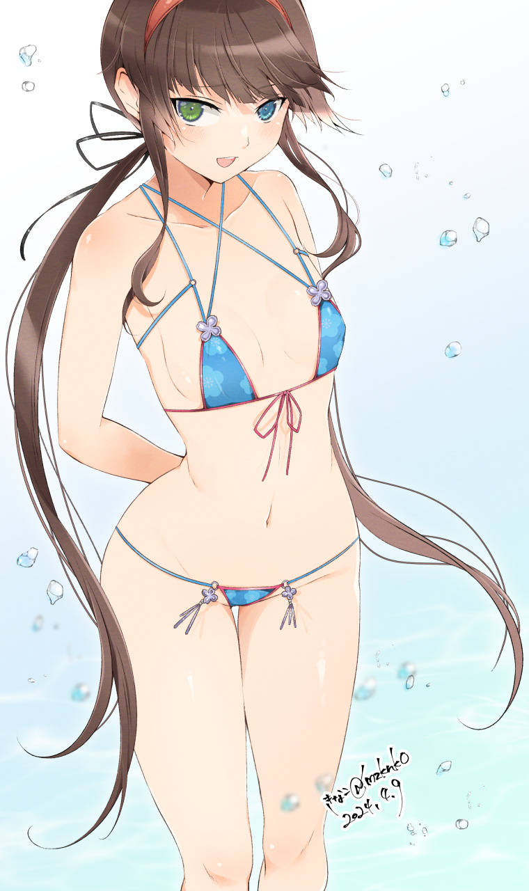 1girl arms_behind_back bikini black_ribbon blue_bikini blue_eyes brown_hair flat_chest floral_print floral_print_bikini green_eyes hairband heterochromia highres kinako_(mzknk0) light_blush long_hair looking_at_viewer low_twintails micro_bikini navel open_mouth red_hairband ribbon ryoubi_(senran_kagura) senran_kagura smile solo swimsuit twintails water water_drop