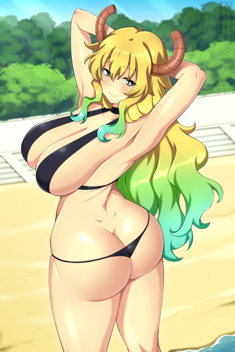 bent_over big_breasts big_butt bikini bikini_thong blonde_hair breast_rest breasts butt clothing female hair hi_res horn horned_humanoid humanoid lindaroze_(artist) looking_at_viewer looking_back miss_kobayashi's_dragon_maid not_furry quetzalcoatl_(dragon_maid) smile solo swimwear thick_thighs water
