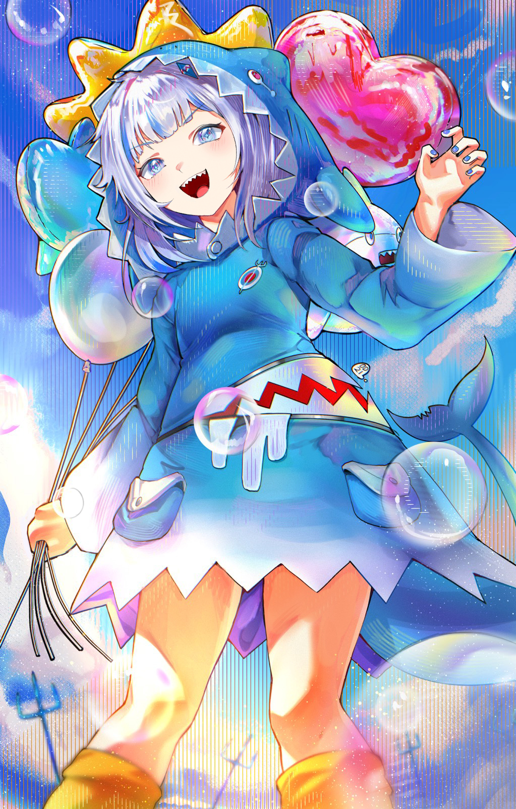 1girl animal_hood balloon blue_eyes blue_hair blue_nails blue_sky bubble fangs fingernails gawr_gura heart heart_balloon highres holding holding_balloon hololive hololive_english hood hood_up light_blue_eyes light_blue_hair long_hair multicolored multicolored_hair odyssey_21 open_mouth outdoors planted polearm pouch shark_hood sharp_teeth silver_hair sky smile solo streaked_hair teeth tongue trident virtual_youtuber weapon wide_sleeves