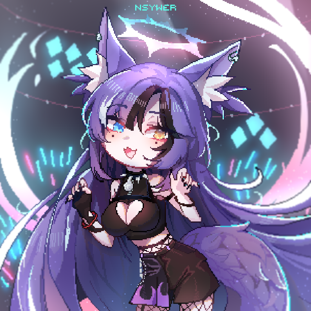 1girl animal_ear_fluff animal_ears artist_name awful_queen_(vtuber) black_nails breasts concert fox_ears fox_girl fox_tail halo heterochromia indie_virtual_youtuber looking_at_viewer mole mole_under_eye monster_girl nsywer purple_hair skirt tail