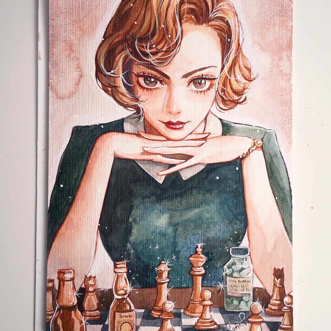 1girl anya_taylor-joy artist_name bad_source blue_dress board_game brown_hair chess chess_piece chessboard commentary_request dress elizabeth_harmon eyelashes karin_park korean_commentary light_smile looking_at_viewer painting_(medium) short_hair solo the_queen's_gambit traditional_media upper_body watch watercolor_(medium) wristwatch