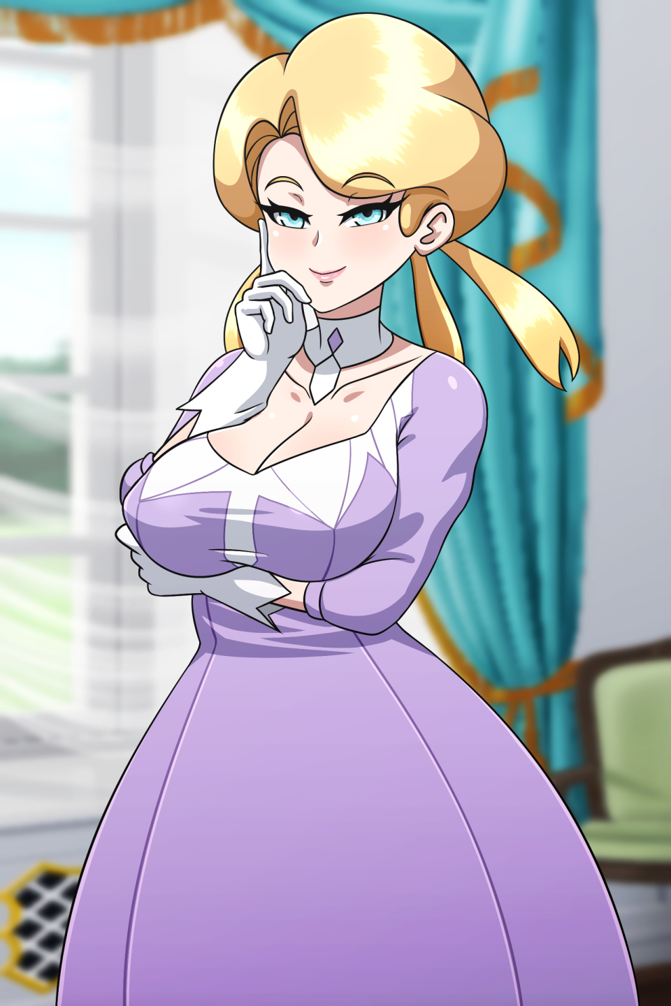 1girl blonde_hair blue_eyes braid breasts choker collar collarbone dress eyeshadow glacia_(pokemon) gloves highres juliet_sleeves large_breasts long_sleeves low-cut makeup pokemon pokemon_oras puffy_short_sleeves puffy_sleeves purple_dress purple_eyeshadow quad_tails short_hair short_sleeves sleeves_past_elbows solo upper_body white_choker white_gloves yensh