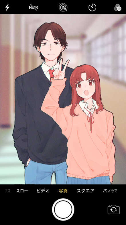 1boy 1girl arm_at_side arm_up black_sweater blue_pants blue_skirt blue_sweater blurry blurry_background brown_hair cardigan closed_mouth collared_shirt day egashira_mika fake_phone_screenshot fake_screenshot frown hallway hand_in_pocket hand_up head_tilt height_difference indoors long_hair long_sleeves mukai_tsukasa necktie open_mouth pants parted_bangs pechevail red_cardigan red_eyes red_hair red_necktie school school_uniform shirt skip_to_loafer skirt straight-on sweater taking_picture v white_shirt