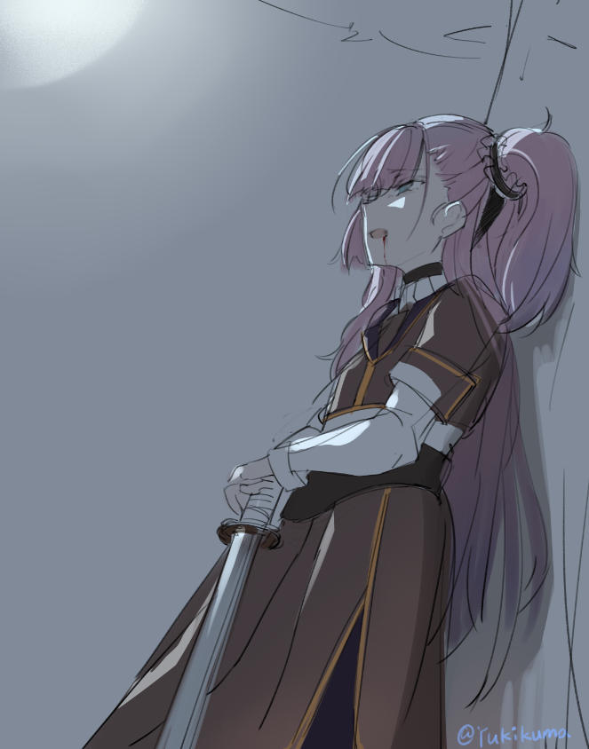 1girl against_wall auo123 bleeding blood blood_from_mouth blood_on_face eyebrows_visible_through_hair green_eyes hand_on_hip katana leaning leaning_back long_hair pink_hair ponytail side_ponytail sketch solo sword toji_no_miko tsubakuro_yume turtleneck twitter_username weapon