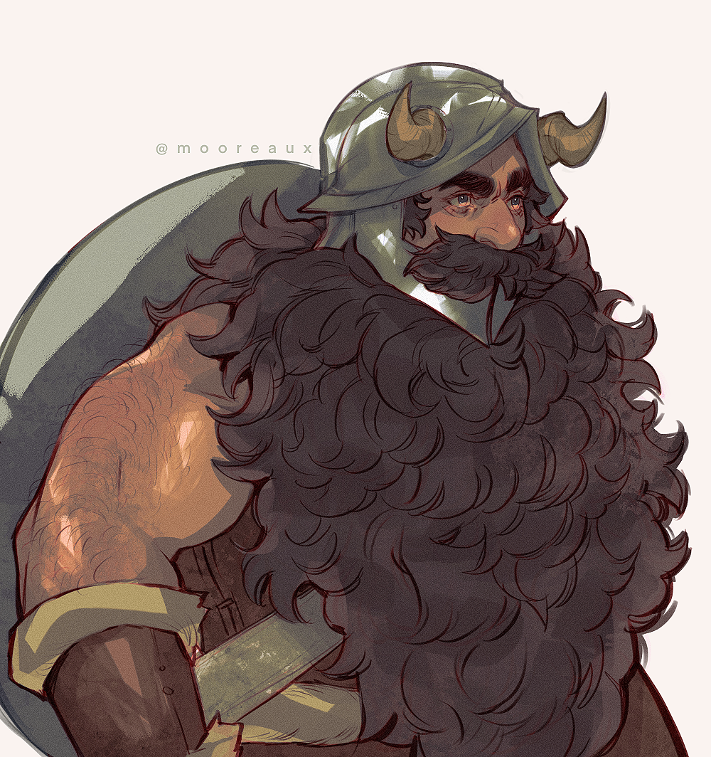 1boy bara beard biceps brown_hair dungeon_meshi dwarf facial_hair fake_horns helmet horned_helmet horns huge_eyebrows long_beard looking_ahead male_focus mooreaux muscular muscular_male senshi_(dungeon_meshi) solo thick_arm_hair thick_mustache upper_body very_long_beard wavy_hair wok