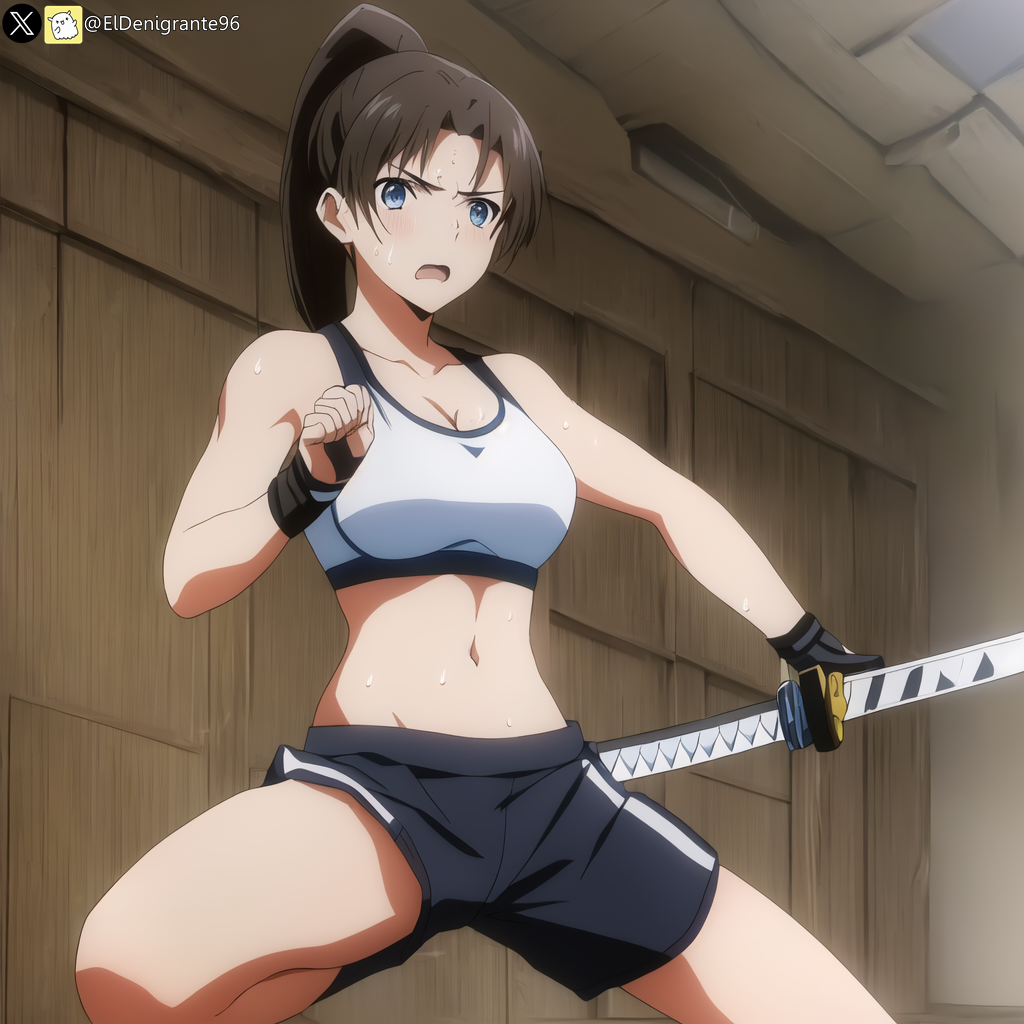 ai-generated holding holding_sword holding_weapon mahouka_koukou_no_rettousei mibu_sayaka navel non-web_source sports_bra sweat sword training weapon