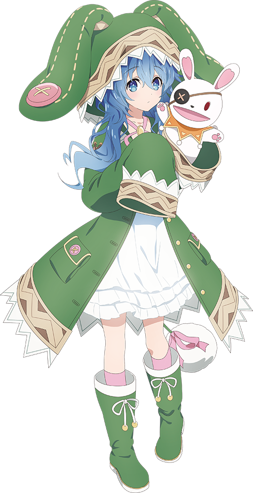 1girl animal_ears blue_eyes blue_hair date_a_live dress eyepatch full_body hair_between_eyes hand_puppet hood long_hair official_art open_mouth puppet rabbit_ears solo transparent_background yoshino_(date_a_live) yoshinon
