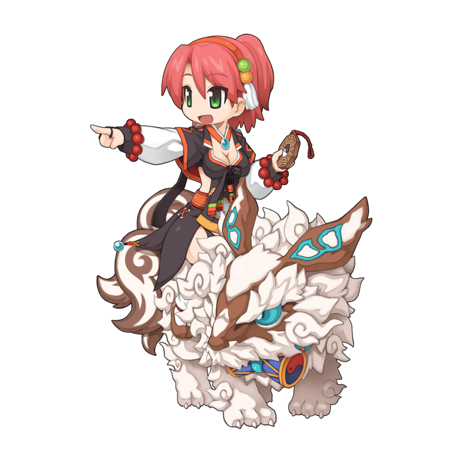 1girl bead_bracelet beads black_shirt bracelet breasts chibi cleavage full_body hairband jewelry komainu layered_sleeves long_sleeves looking_afar looking_to_the_side medium_bangs medium_breasts official_art open_mouth orange_hairband pink_hair pointing pointing_to_the_side ragnarok_online riding shirt short_over_long_sleeves short_sleeves simple_background smile solo soul_reaper_(ragnarok_online) talisman transparent_background white_sleeves yin_yang yuichirou