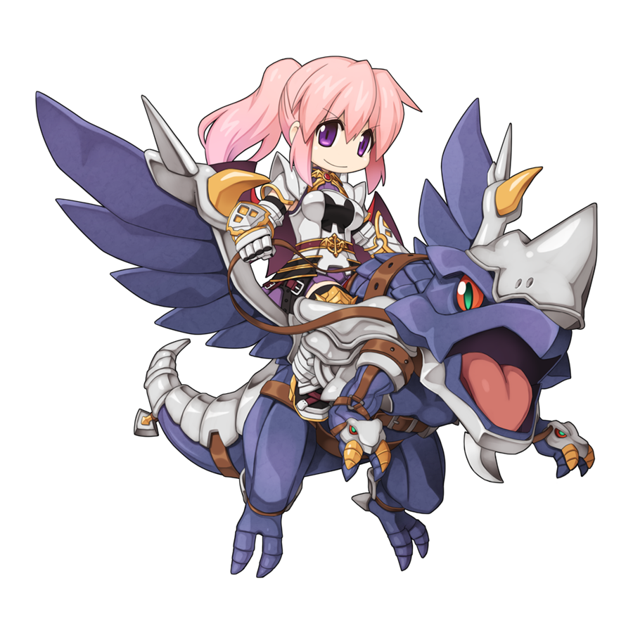 1girl armor armored_boots barding black_gloves black_thighhighs boots breastplate breasts cape chibi closed_mouth cross dragon dragon_knight_(ragnarok_online) dragon_riding full_body gauntlets gloves hair_between_eyes looking_at_viewer medium_bangs miniskirt official_art pauldrons pink_hair ponytail purple_eyes purple_shirt purple_skirt ragnarok_online red_cape reins riding shirt shoulder_armor simple_background skirt smile solo tabard thighhighs transparent_background v-shaped_eyebrows yuichirou