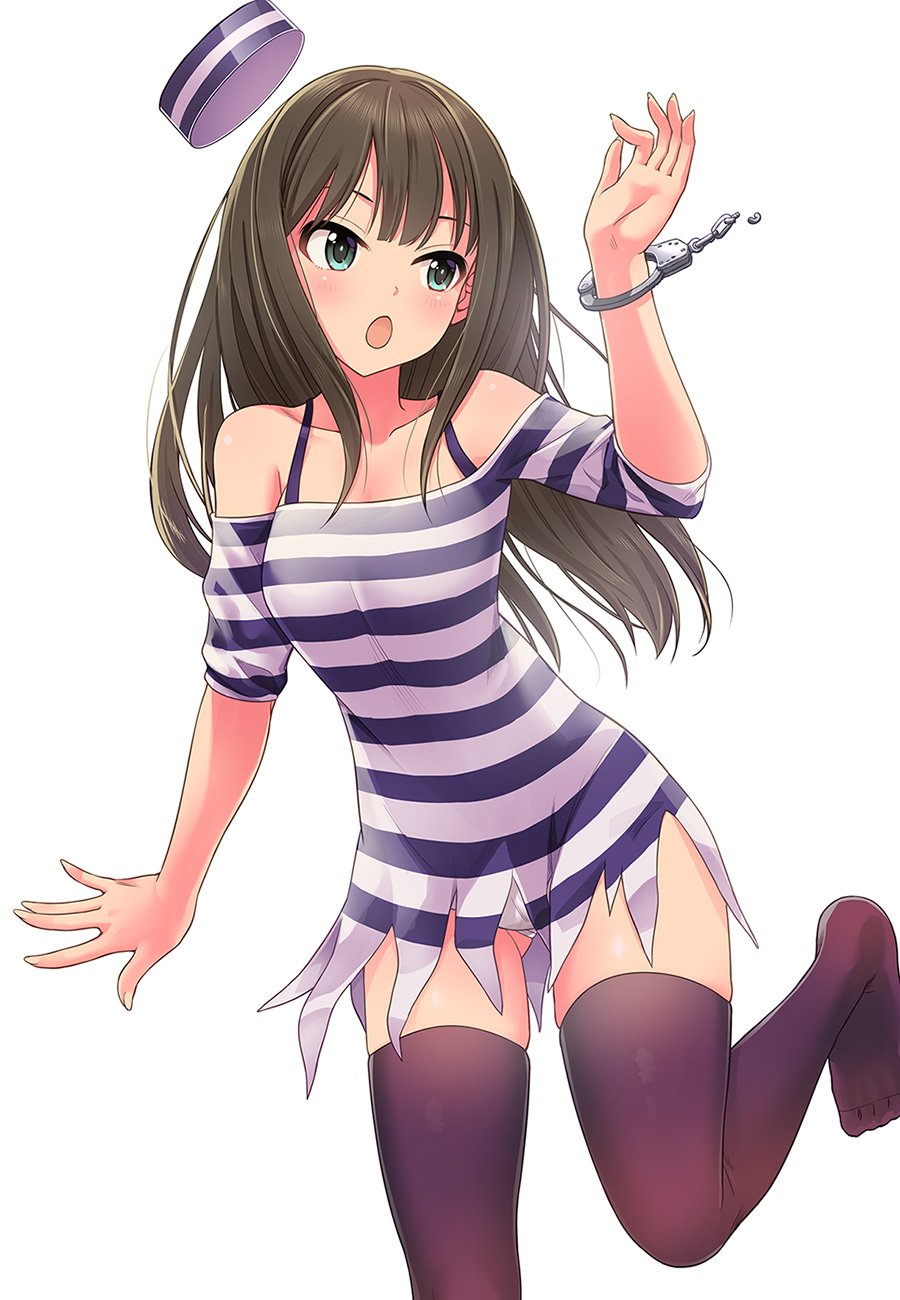 1girl bare_shoulders black_thighhighs blush bra_strap breasts brown_hair collarbone cuffs dot_nose dress floating_hat green_eyes hand_up handcuffs highres idolmaster idolmaster_cinderella_girls idolmaster_cinderella_girls_starlight_stage leg_up long_hair looking_at_another medium_breasts mk_(mod0) off-shoulder_dress off_shoulder open_mouth prison_clothes shibuya_rin short_sleeves simple_background solo standing standing_on_one_leg striped_clothes striped_dress thighhighs white_background zettai_ryouiki