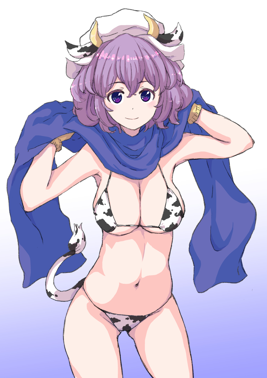 1girl animal_ears animal_print bikini blue_eyes blue_scarf breasts cleavage closed_mouth commentary_request cow_ears cow_horns cow_print cow_print_bikini cow_tail cowboy_shot double-parted_bangs fake_animal_ears fake_horns fake_tail gloves gradient_background hands_up hat highres horns jack_(wkm74959) large_breasts letty_whiterock light_smile looking_at_viewer navel print_bikini purple_hair scarf short_hair solo standing swimsuit tail touhou white_hat yellow_gloves
