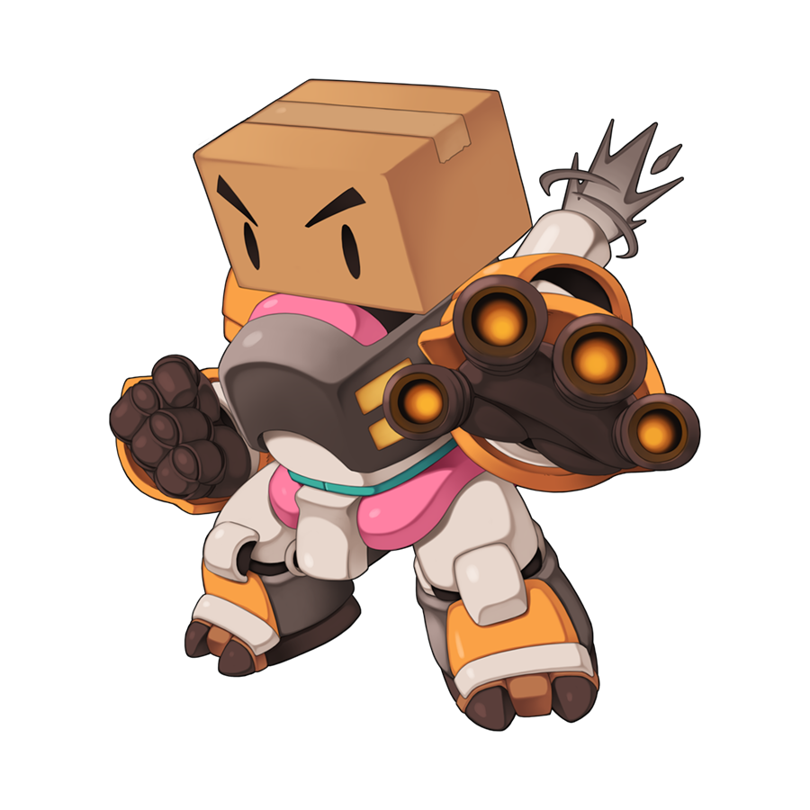 1boy box_on_head chibi clenched_hand exoskeleton full_body male_focus mechanic_(ragnarok_online) official_art ragnarok_online reaching reaching_towards_viewer simple_background solo transparent_background yuichirou